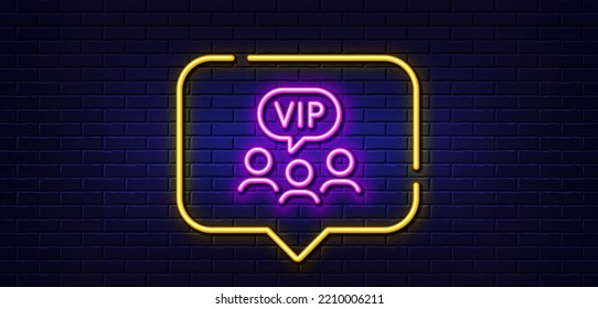 Neon light speech bubble. Vip clients line icon. Very important person sign. Member club privilege symbol. Neon light background. Vip clients glow line. Brick wall banner. Vector