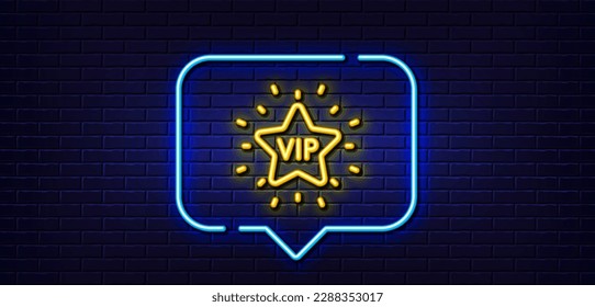 Neon light speech bubble. Vip line icon. Very important person star sign. Member club privilege symbol. Neon light background. Vip star glow line. Brick wall banner. Vector