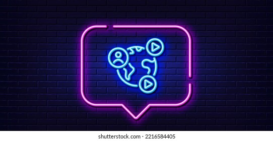 Neon light speech bubble. Virtual conference line icon. Online training sign. Web presentation symbol. Neon light background. Video conference glow line. Brick wall banner. Vector