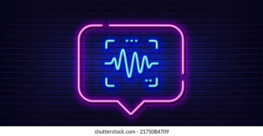 Neon light speech bubble. Voice wave line icon. Sound scan sign. Audio verification symbol. Neon light background. Voice wave glow line. Brick wall banner. Vector