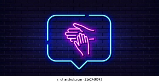 Neon light speech bubble. Volunteer care line icon. Helping hand sign. Hospice symbol. Neon light background. Volunteer glow line. Brick wall banner. Vector