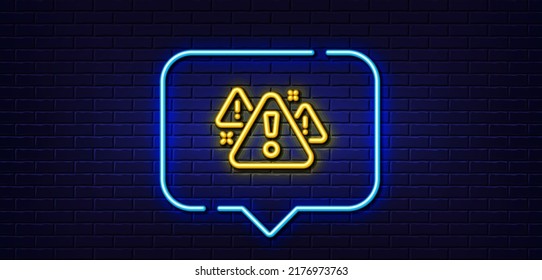 Neon light speech bubble. Warning line icon. Attention triangle sign. Caution alert symbol. Neon light background. Warning glow line. Brick wall banner. Vector