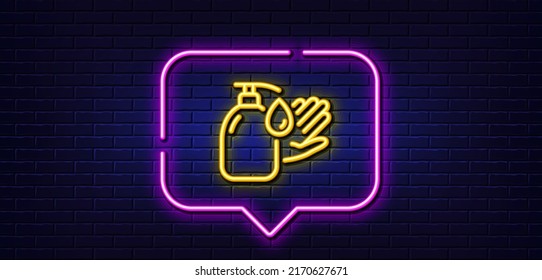 Neon light speech bubble. Wash hands line icon. Covid hygiene sign. Washing liquid symbol. Neon light background. Wash hands glow line. Brick wall banner. Vector