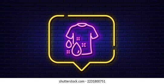 Neon light speech bubble. Wash t-shirt line icon. Laundry shirt sign. Clothing cleaner symbol. Neon light background. Wash t-shirt glow line. Brick wall banner. Vector