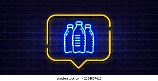 Neon light speech bubble. Water bottles line icon. Still aqua drink sign. Liquid symbol. Neon light background. Water bottles glow line. Brick wall banner. Vector