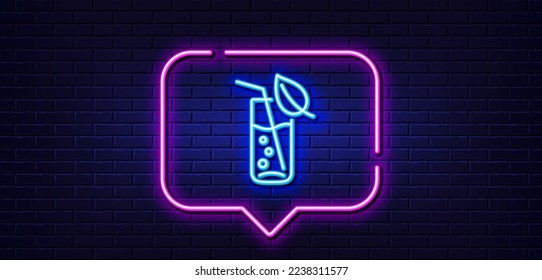 Neon light speech bubble. Water glass line icon. Soda aqua drink sign. Drop symbol. Neon light background. Water glass glow line. Brick wall banner. Vector