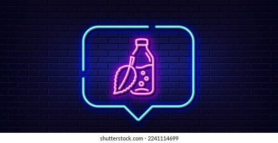 Neon light speech bubble. Water bottle line icon. Soda aqua drink sign. Mint leaf symbol. Neon light background. Water bottle glow line. Brick wall banner. Vector