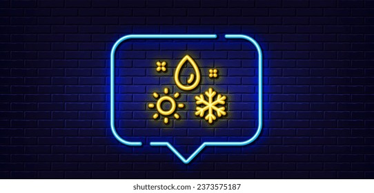 Neon light speech bubble. Weather line icon. Winter snowflake sign. Sun and rain symbol. Neon light background. Weather glow line. Brick wall banner. Vector