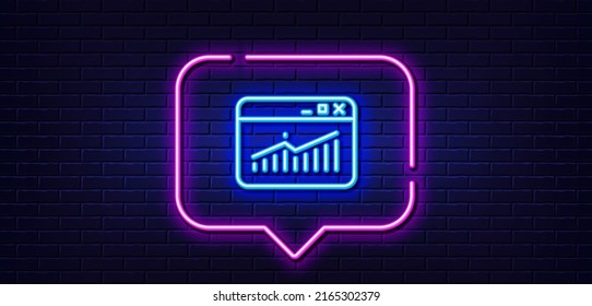 Burbuja de habla de luz neón. Icono de la línea de tráfico del sitio web. Gráfico de informes o signo de crecimiento de ventas. Símbolo de datos de análisis y estadísticas. Fondo neón de luz. Estadísticas del sitio web brillan línea. Vector
