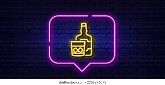 Neon light speech bubble. Whiskey glass with ice cubes line icon. Scotch alcohol sign. Neon light background. Whiskey glass glow line. Brick wall banner. Vector