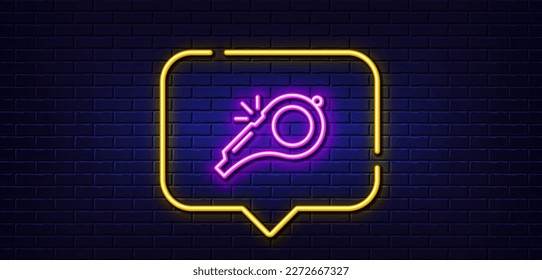 Neon Light-Sprechblase. Whistle line Symbol. Startzeichen Symbol des Empfehlungstools. Neoner heller Hintergrund. Whistle gllow line. Brick-Wand-Banner. Vektorgrafik