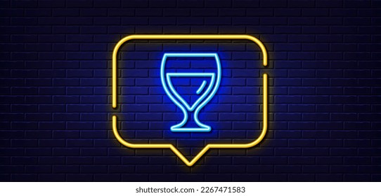Neon light speech bubble. Wine glass line icon. Alcohol drink sign. Beverage symbol. Neon light background. Wine glass glow line. Brick wall banner. Vector