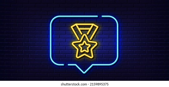 Neon light speech bubble. Winner ribbon line icon. Award star medal sign. Best achievement symbol. Neon light background. Winner ribbon glow line. Brick wall banner. Vector