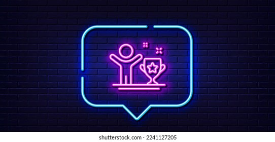Neon light speech bubble. Winner cup line icon. Award trophy sign. Best achievement symbol. Neon light background. Winner cup glow line. Brick wall banner. Vector