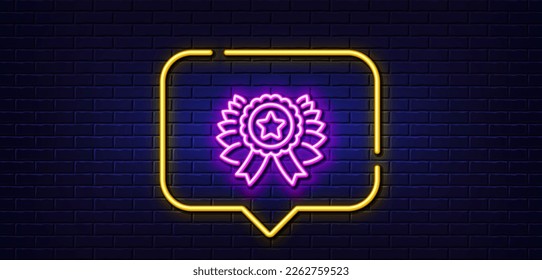 Neon light speech bubble. Winner ribbon line icon. Award medal sign. Best achievement symbol. Neon light background. Winner ribbon glow line. Brick wall banner. Vector