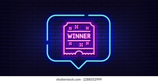 Neon light speech bubble. Winner ticket line icon. Amusement park award sign. Neon light background. Winner ticket glow line. Brick wall banner. Vector