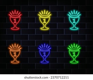 Neon light speech bubble. Winner cup line icon. Award trophy sign. Best symbol of achievement. Neon light background. Winning cup glow line. Brick wall banner. Vector. red. yellow, blue, pink, orange.