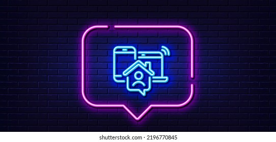 Neon light speech bubble. Work at home line icon. Freelance job sign. Remote office employee symbol. Neon light background. Work home glow line. Brick wall banner. Vector