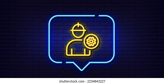 Burbuja de habla de luz neón. Icono de línea de trabajo. Perfil de ingeniero con signo de rueda cognoscitiva. Símbolo de silueta de persona masculina. Fondo neón de luz. Línea de brillo del ingeniero. Banner de pared de ladrillo. Vector