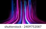Neon light speed effect. Vector realistic illustration of blue, pink, white lines moving upward on black background, modern data transmission technology, fiber optic network, wireless communication