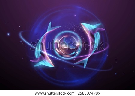 Neon light sphere with whales and effects