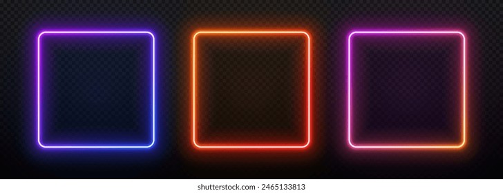 Neon light square frame. Box with led glow. Laser gradient border. Geometric fluorescent outline. Banner template with text.