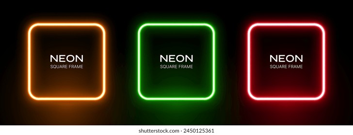 Neon light square frame. Glow box border. Green, red and orange led laser on a black background. Fluorescent vector banners.