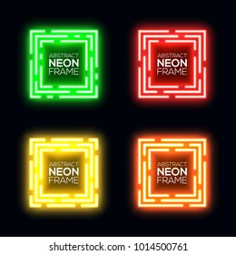Neon light square set. Shining rectangle techno frame collection. Night club electric 3d banner on dark backdrop. Green red yellow orange abstract background with glow. Technology vector illustration.