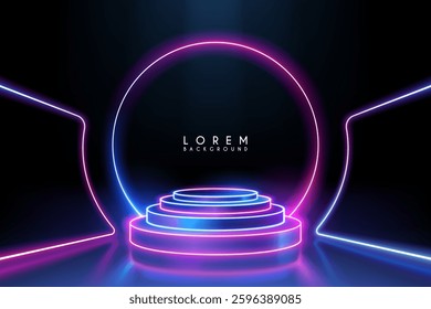 Neon light stairs with ring on black background
