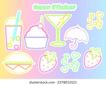Neon light sticker set for cafe bar with shake cake cocktail strawberry music burger art vector design logo sign 