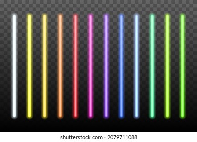 Neon light sticks set on transparent background. Blue, white, yellow, orange, green, pink, red led lines glowing vector illustration. Electric color pack design for party or clubs.