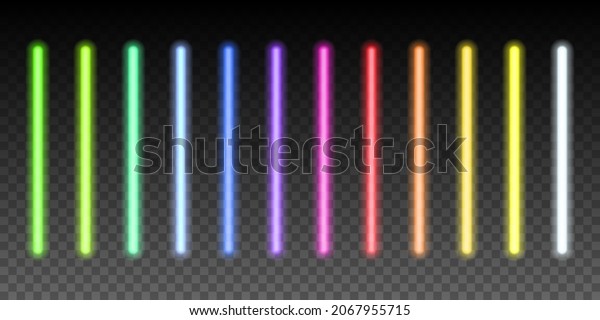 Neon light
sticks set on transparent background. Blue, white, yellow, orange,
green, pink, red led lines glowing vector illustration. Electric
color pack design for party or
clubs.