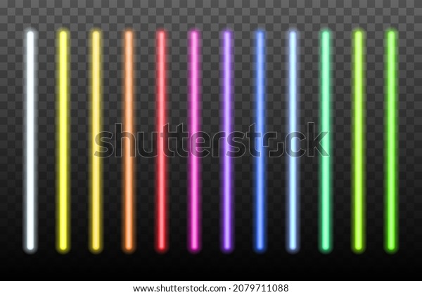 Neon light\
sticks set on transparent background. Blue, white, yellow, orange,\
green, pink, red led lines glowing vector illustration. Electric\
color pack design for party or\
clubs.