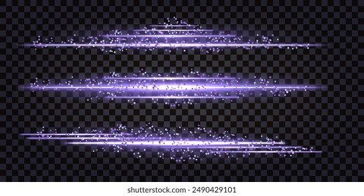 Neon light streak, light glowing and sparkles, laser beams, speed lines, thunder bolt flash. Purple luminous lines with sparkle trail. Design for caption border or divider. Isolated transparent vector