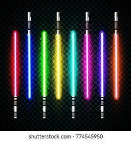 neon light swords. crossed light, flash and sparkles. Vector illustration isolated on transparent background.