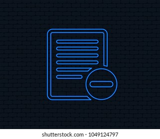 Neon light. Text file sign icon. Delete File document symbol. Glowing graphic design. Brick wall. Vector