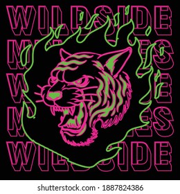 Neon Light Tiger Face Design With Slogan For Tee And Poster