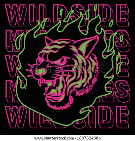 Neon light tiger face design with slogan for tee and poster