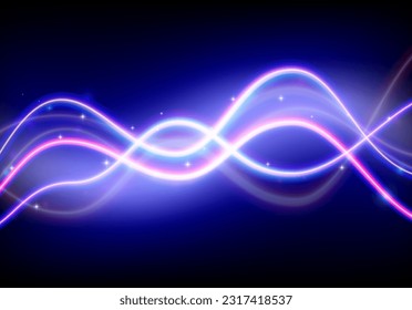 Los senderos de luz de neón se ondean con rayos azules y morados. Líneas estilizadas de neón de los años 80 o cables brillando en el fondo abstracto.