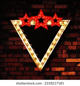 Neon light triangular banner. Neon light frame sign. Realistic glowing red neon triangular frame isolated on transparent background. Shining and glowing effect. Vector