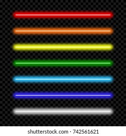 Neon light tube. Set of colorful neon lamp. Vector illustration.