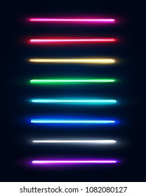 Neon light tubes set. Colorful glowing lines or borders collection isolated on dark blue background. Halogen or led light lamps elements pack for night party or game design. Color vector illustration.