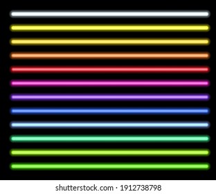 Tubos de luz de neón sobre fondo transparente. Líneas de led azules, blancas, amarillas, naranjas, verdes, rosadas y rojas que brillan por la ilustración vectorial. Diseño de paquetes de colores eléctricos para fiestas o clubes.