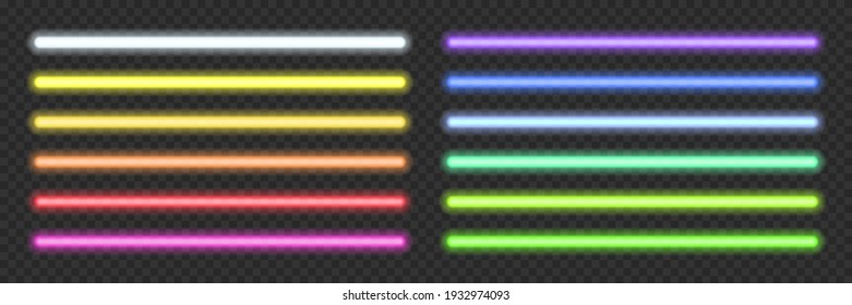 Neon light tubes set on transparent background. Blue, white, yellow, orange, green, pink, red led lines glowing vector illustration. Electric color pack design for party or clubs. - Shutterstock ID 1932974093