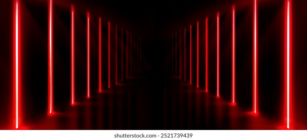 Túnel de luz de néon sobre fundo preto. Ilustração realista vetorial da perspectiva do corredor vermelho conduzido, fronteira de segurança futurista do laser, sistema moderno da tecnologia da informação, realidade virtual