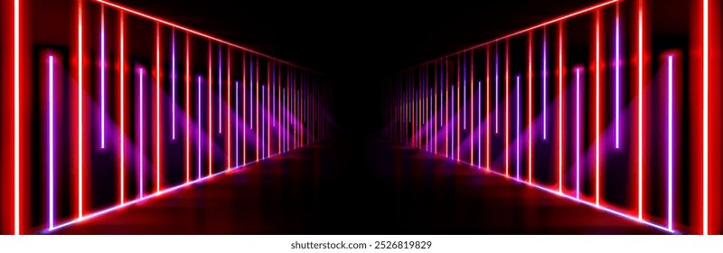 Túnel de luz de néon sobre fundo preto. Vetor ilustração realista de vermelho e azul levou perspectiva de corredor, fronteira de segurança laser futurista, moderno sistema de tecnologia da informação, realidade virtual