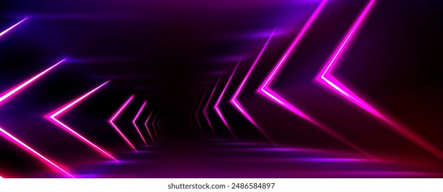 Neon light tunnel perspective. Vector realistic illustration of dark hall with triangular shape geometric lamps, purple and pink color illumination glowing in dark corridor, futuristic virtual portal