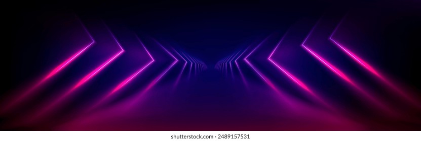 Neon light tunnel perspective. Vector realistic illustration of dark hall with triangular shape geometric lamps, purple and pink color illumination glowing in dark corridor, futuristic virtual portal