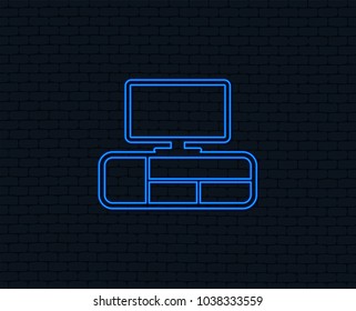 Neon light. TV table sign icon. Modern furniture symbol. Glowing graphic design. Brick wall. Vector