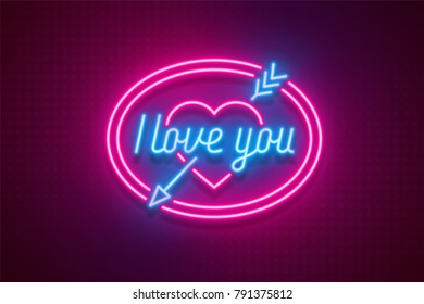 Neon light Valentine's day I love you card. Vector illustration